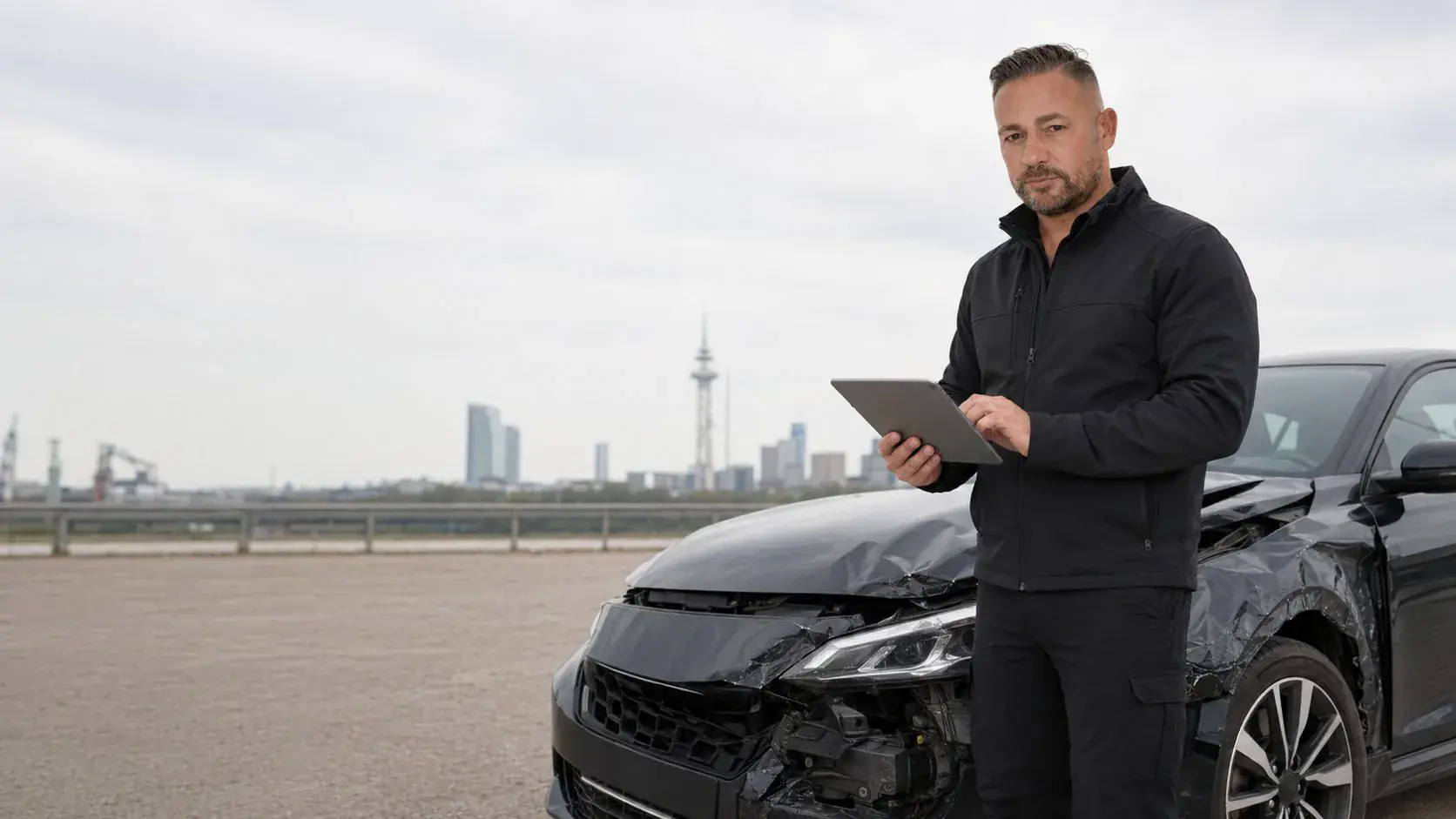 Gutachter dokumentiert einen Unfallschaden an einem Fahrzeug