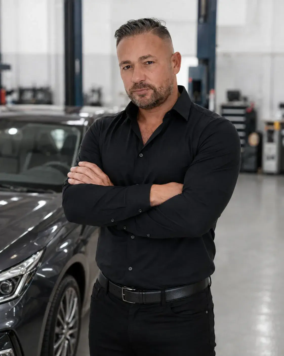 Automobilgutachter in einer hellen Prüfhalle